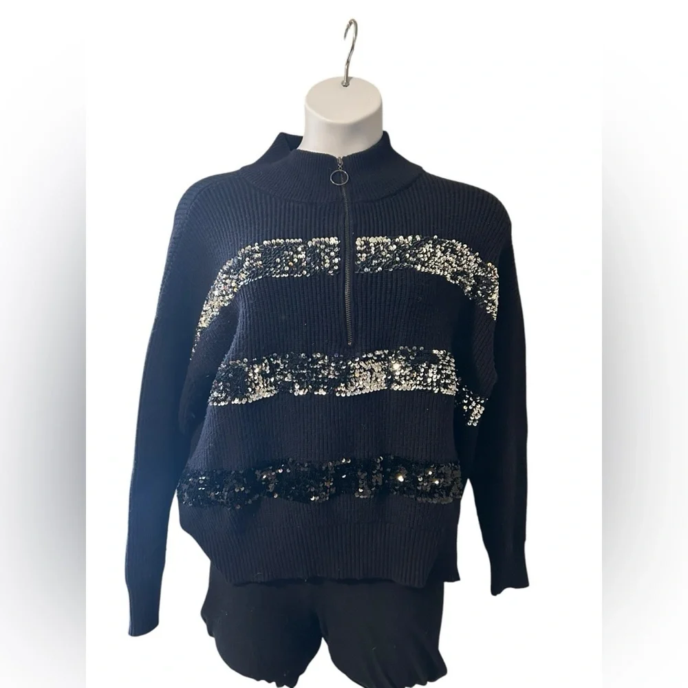 Nine West Womens sequin striped pleated black turtleneck quarter zip XL sweater - Picture 2 of 7
